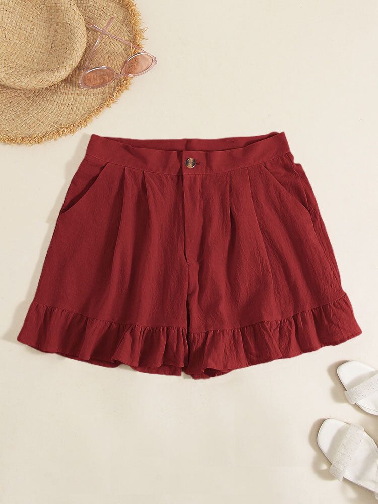 Solid Ruffle Pleated Button Wide Leg Shorts For Women