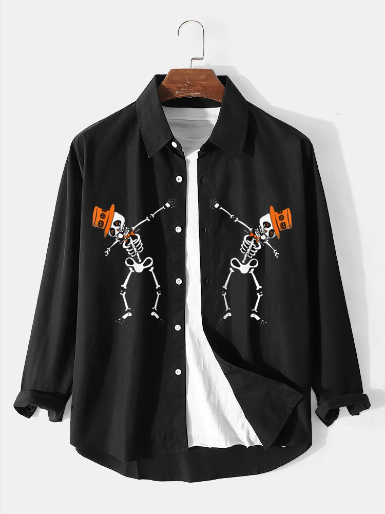

Mens Funny Skeleton Print Lapel Halloween Long Sleeve Shirts, Black