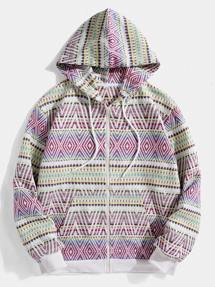 

Mens Colorful Striped Geo Jacquard Embroidered Zip Street Hooded Jackets, Multicolor