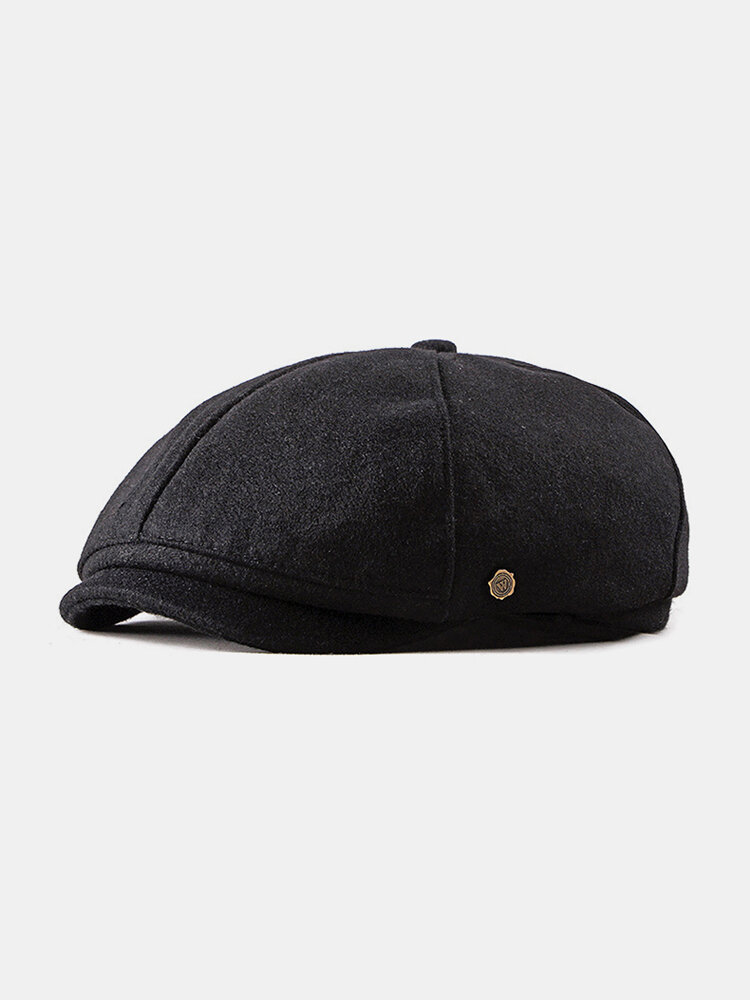 Men Felt Retro British Style Casual Metal Label Flat Cap Newsboy Hat Octagonal Hat Beret Hat