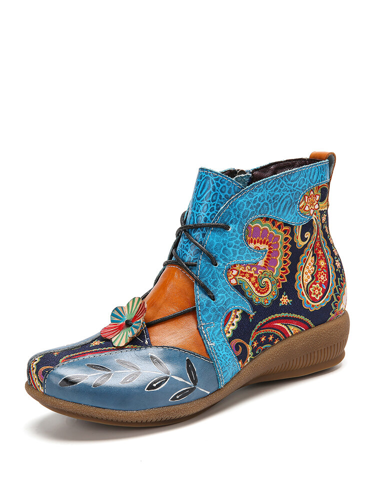 

SOCOFY Folkways Floral Cloth Paisley Splicing Flower Decor Leather Comfy Wearable Flat Ankle Boots Fatbaby Boots, Blue