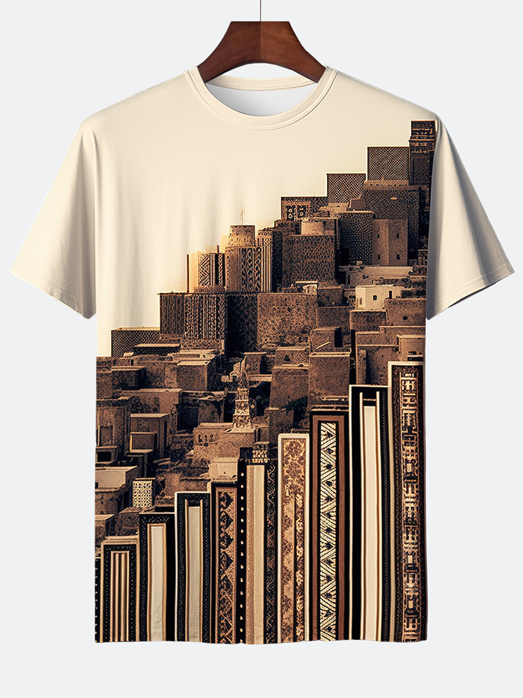 T-shirts à manches courtes à col rond et à imprimé d'architecture ethnique pour hommes