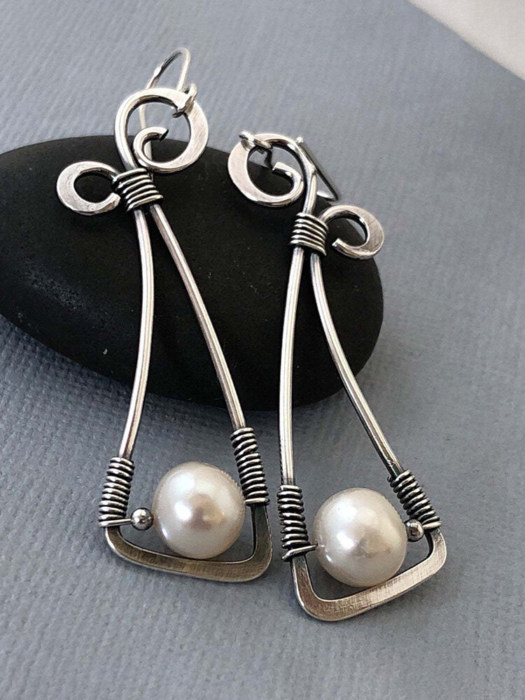 Vintage 925 Silver Plated Women Earrings Symmetry Bowknot Pearl Pendant Earrings