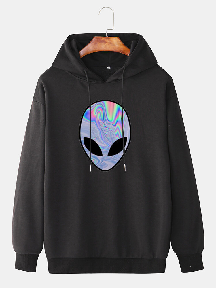 Mens Laser Alien Print Solid Casual Relaxed Fit Pullover Hoodie