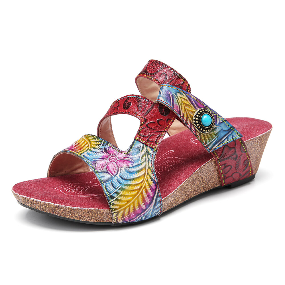 Leather Beaded Embossed Floral Adjustable Strappy Stitching Slip-on Wedge Sandals