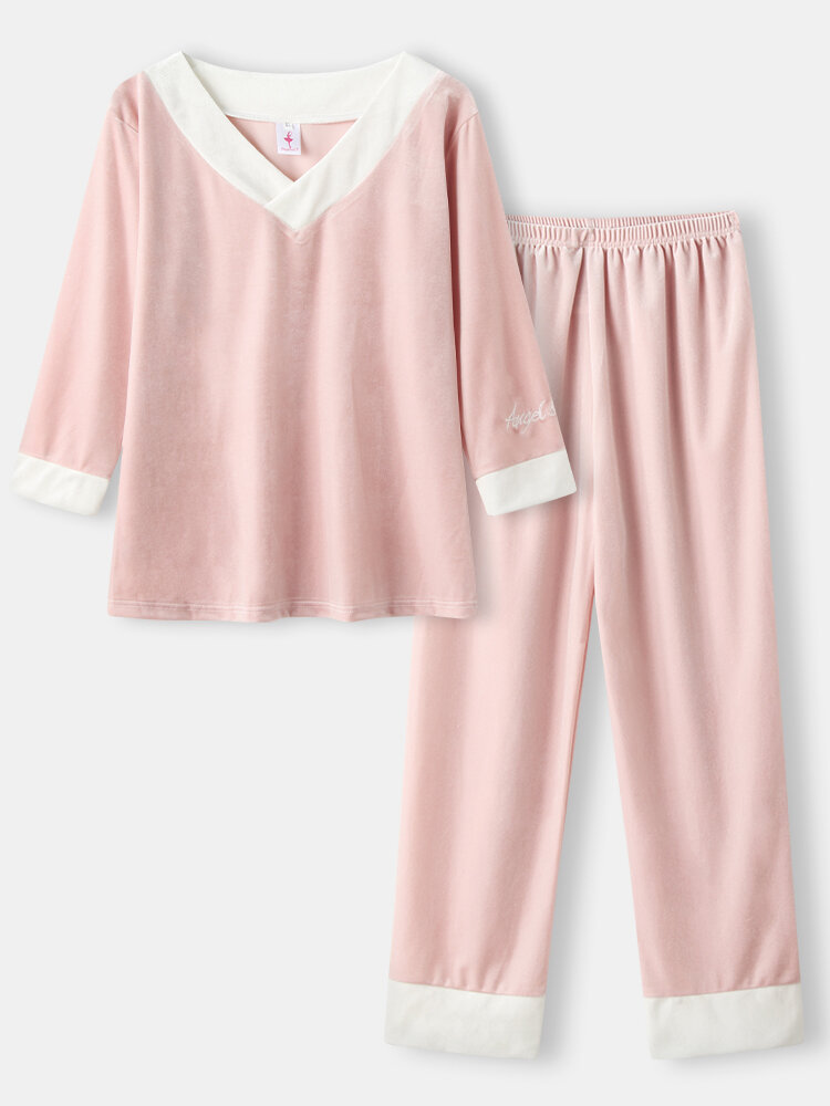 

Plus Size Women Velour Contrast V-Neck Letter Embroidery Cuff Cozy Pajamas Sets, Gray;pink
