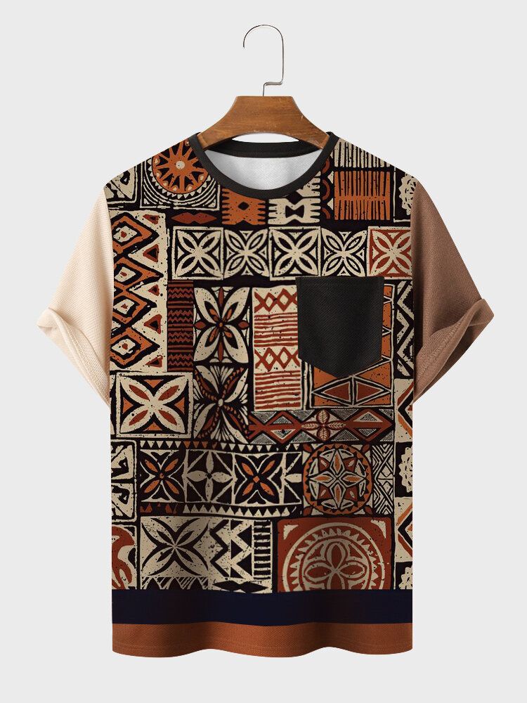 

Mens Ethnic Floral Geometric Print Chest Pocket Patchwork Short Sleeve T-Shirts, Brown;red