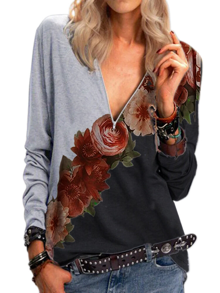 Contrast Color Flower Print Long Sleeve Blouse For Women