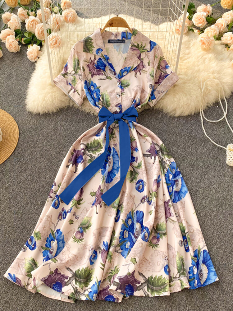 Flower Print Lapel Button Front Short Sleeve Dress With Belt