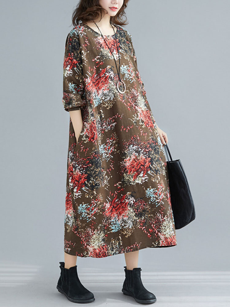 Flower Loose Pocket Long Sleeve Plus Size Vintage Dress