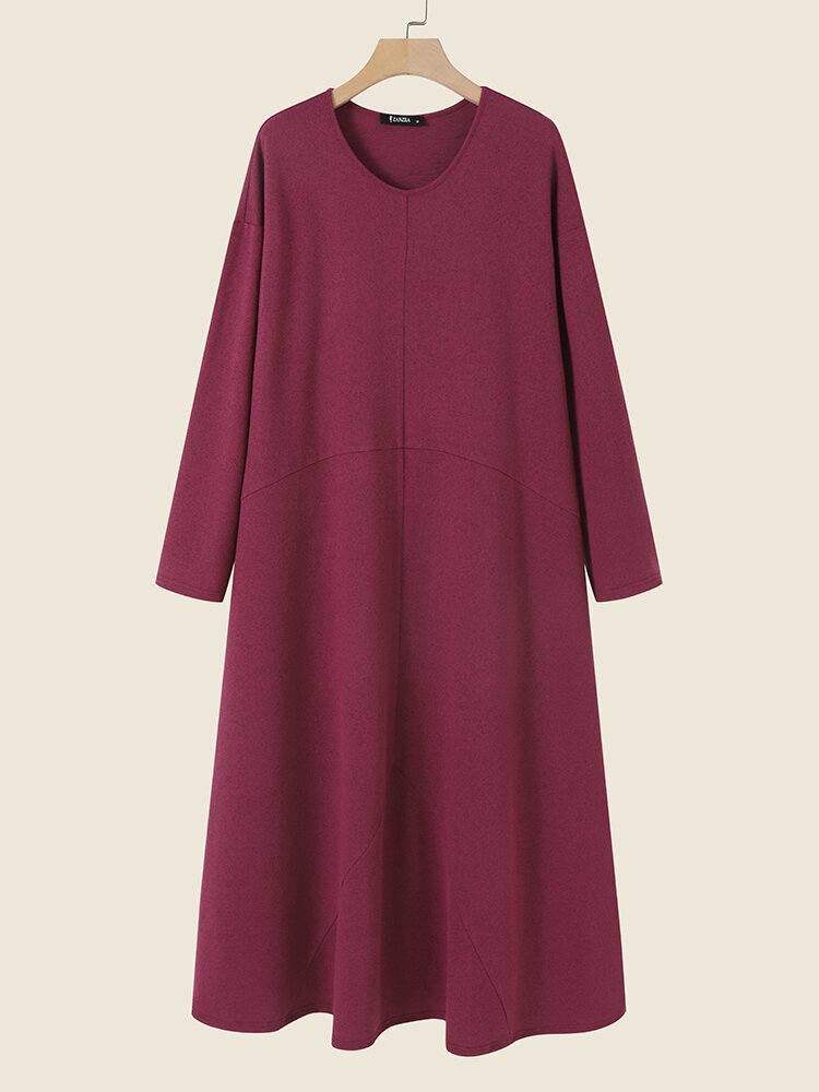 Solid V-neck Long Sleeve Casual Dress For Women