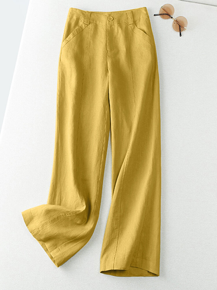 

Women Solid Seam Detail Casual Straight Pants With Pocket, Black;yellow;apricot;orange