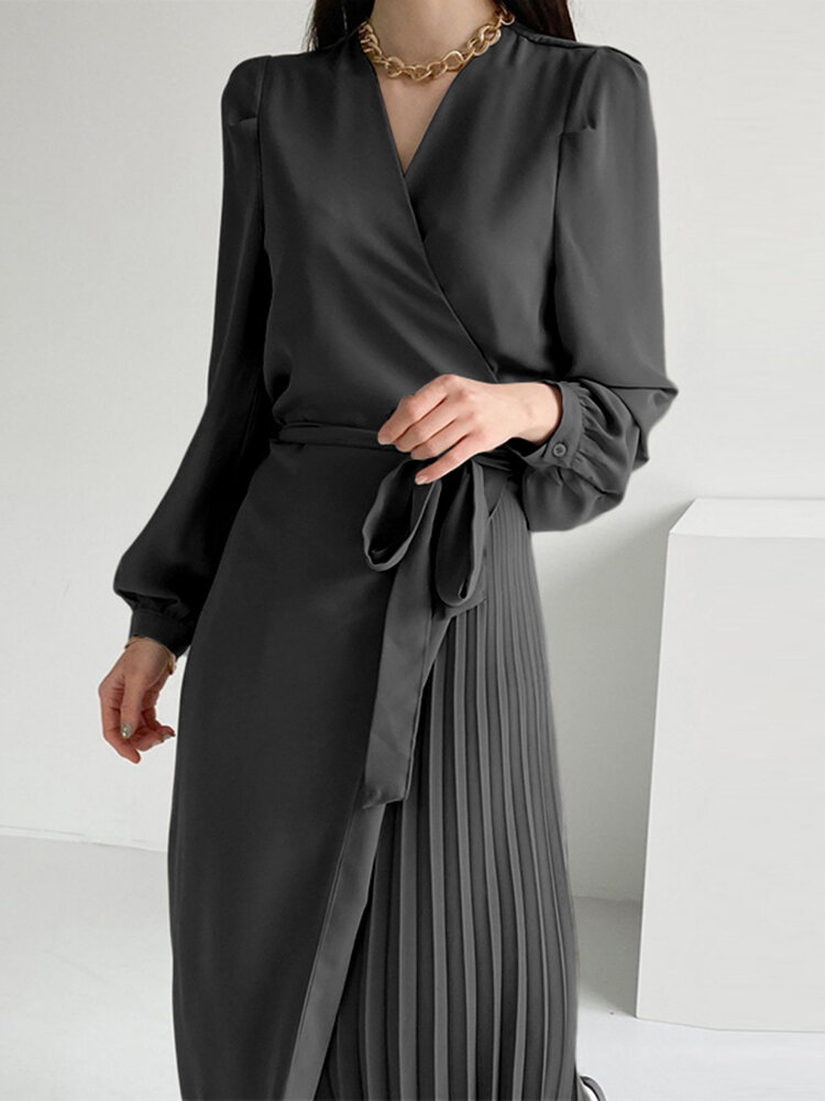 Solid Pleating Tie Up Puff Sleeve V Neck Midi Dresses
