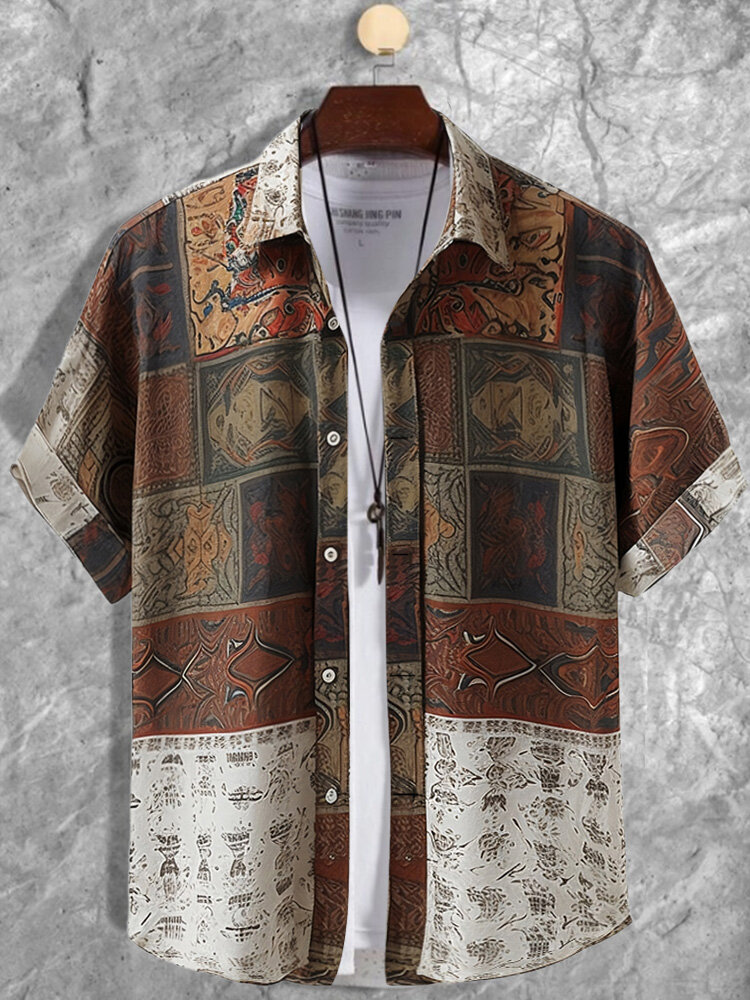 Chemises à manches courtes à revers imprimé totem tribal ethnique pour hommes