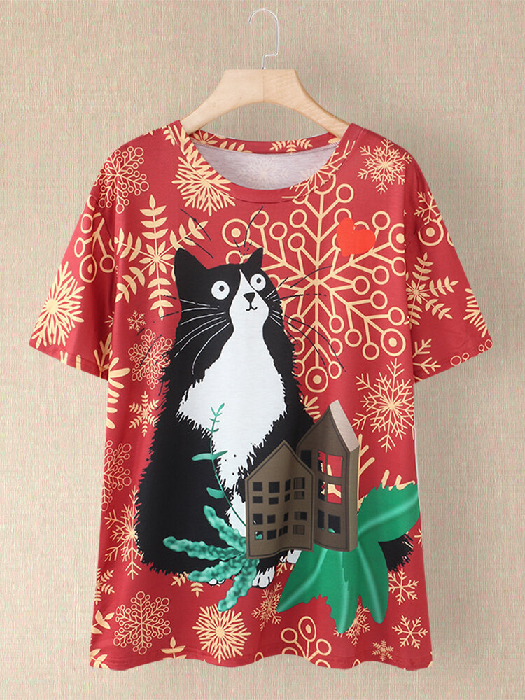 Christmas Cartoon Cat Print O-neck Short Sleeve Plus Size T-shirt