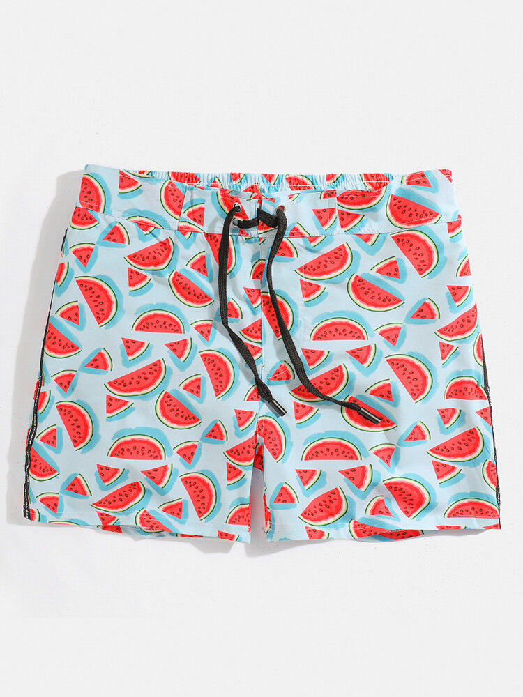 Men Watermelon Printed Swim Trunks Drawstring Quick Drying Mini Shorts With Mesh Lining