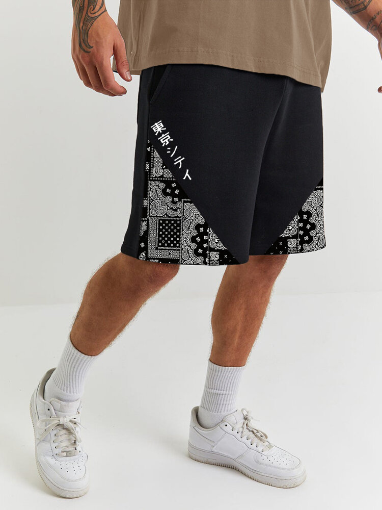 Shorts masculinos étnicos paisley com estampa japonesa patchwork e cordão