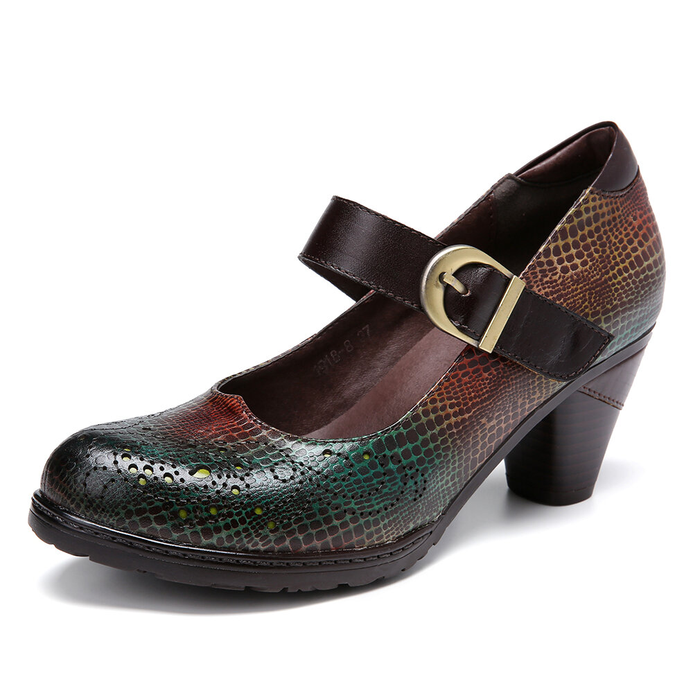 Leather Snakeskin Pattern Cutouts Buckle Strap Chunky Heel Pumps Mary Jane Dress Shoes 