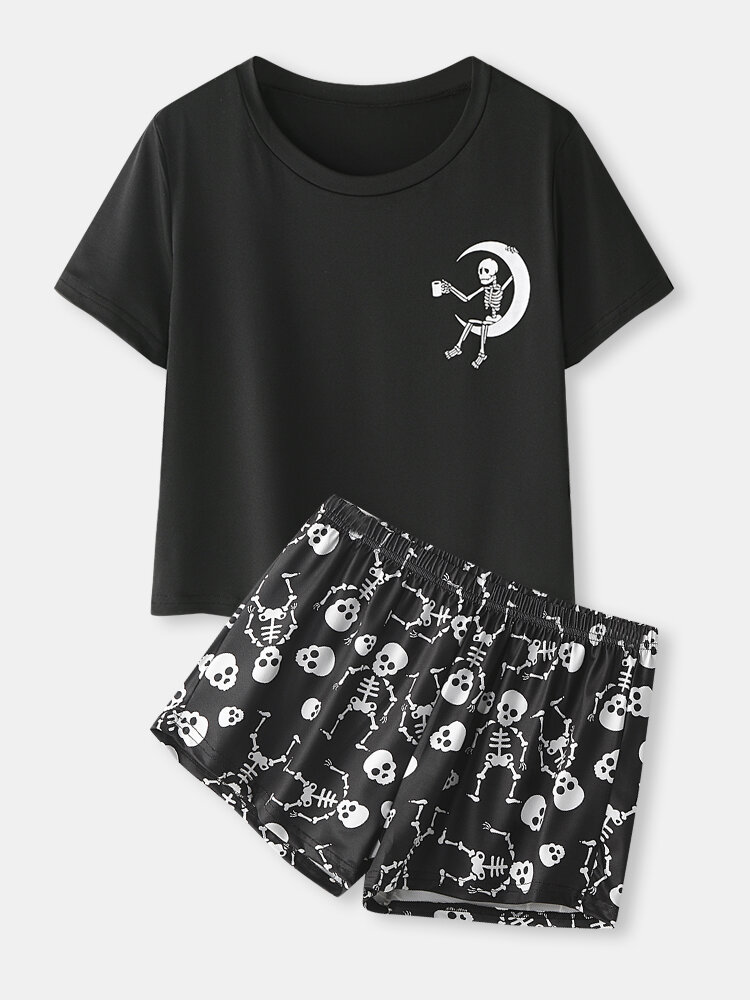 Women Skull Skeleton Print Round Neck Crop Top Black Loungewear With Shorts