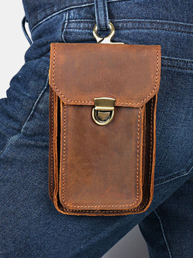 Men Vintage EDC Genuine Leather 6.3 Inch Phone Holder Cigarette Waist Belt Bag