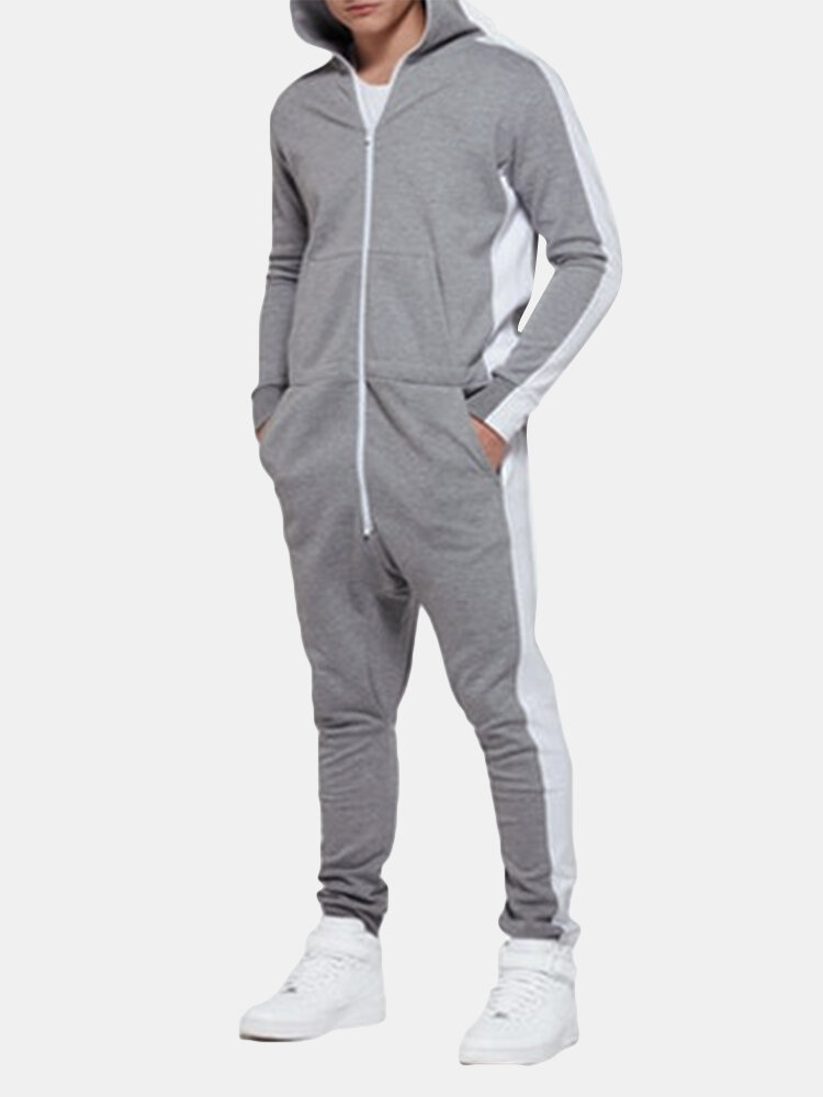 

Pure Color Jumpsuit Men Zipper Hooded Multi Kangaroo Pockets Jogger Onesies, Gray