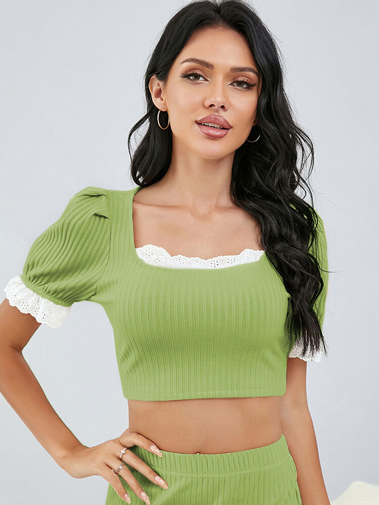 Contrast Color Stitch Square Collar Short Sleeve Crop Top