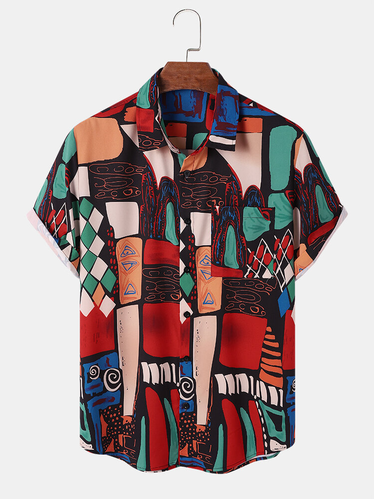 Mens Colorful Abstract Geometric Print Ethnic Style Short Sleeve Shirts
