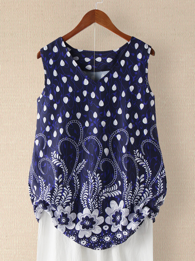 Dot Floral Print Sleeveless Casual Tank Top For Women