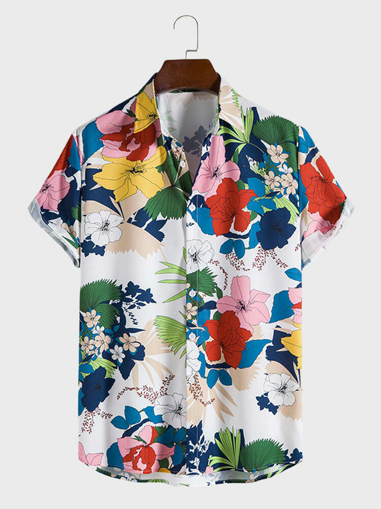 

Mens Colorful Floral Plant Print Hawaiian Vacation Short Sleeve Shirts, White
