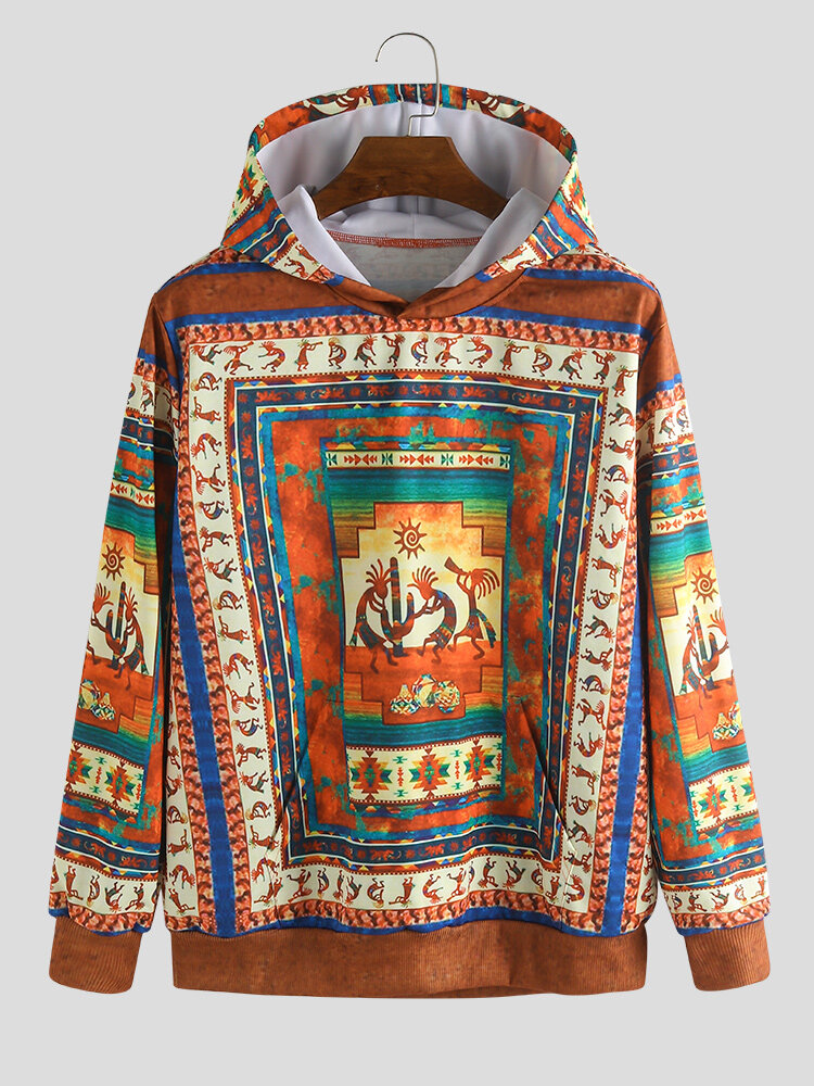 Mens Autumn Retro Style Printing Casual Long Sleeve Hoody Pullover