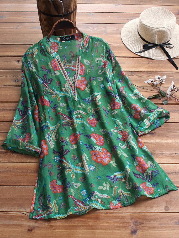 Летняя блузка Bohemian Embroidery с цветочным принтом и V-образным вырезом Plus размера