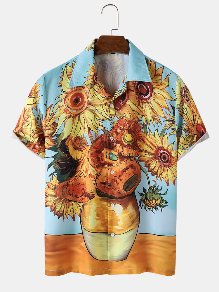 

Mens Sunflower Print Revere Collar Hawaiian Vacation Short Sleeve Shirts, Yellow