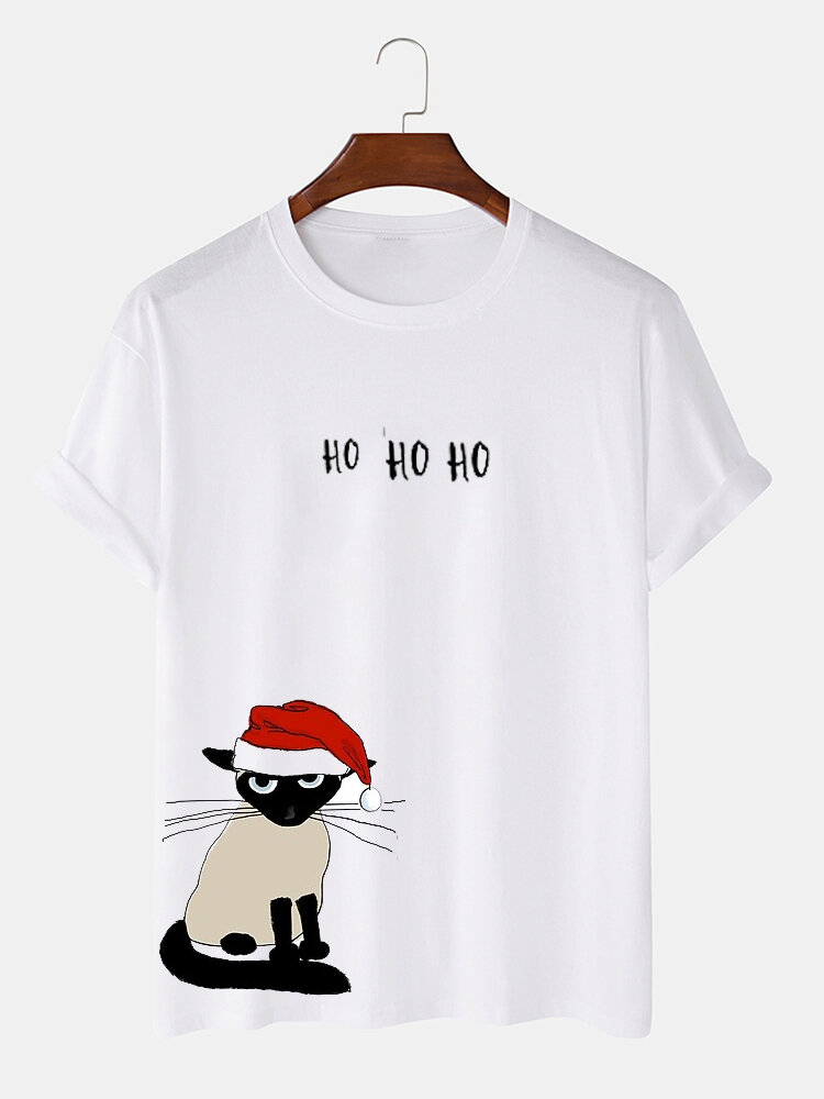Mens Christmas Hat Cat Print Crew Neck Short Sleeve T-Shirts