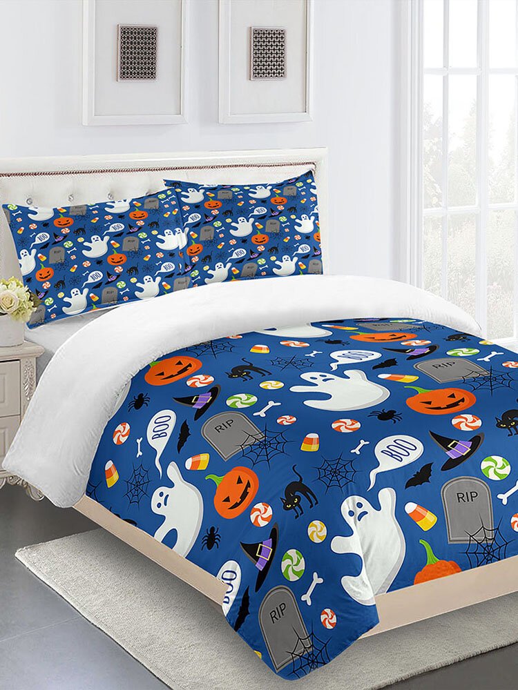 

3PCs Polyester Fiber Pumpkin Ghost Cartoon Print Halloween Horror Series Bedroom Decoration Bedding Set Cushion Cover Qu