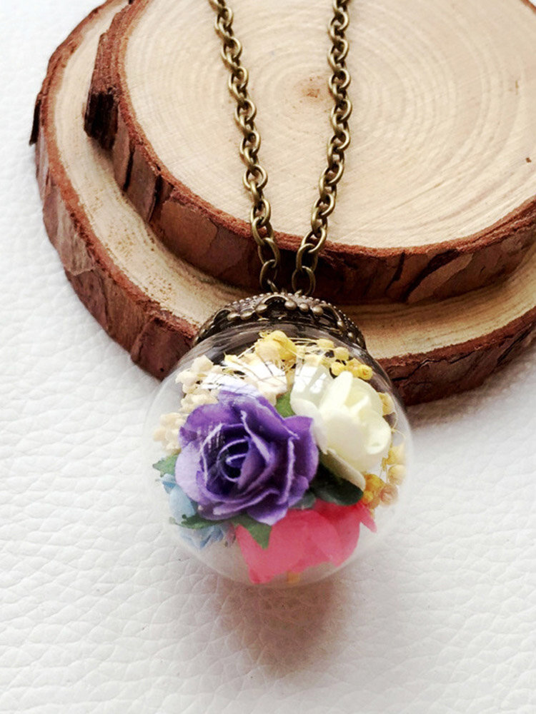 Geometric Round Glass Ball Plant Rose Dried Flower Necklace Adjustable Metal Sweater Chain