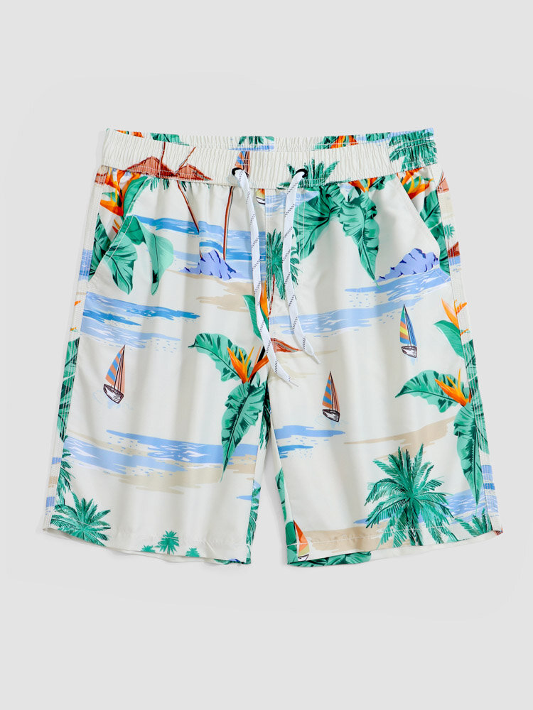 Men Landscape & Sailboat Graphic Mid Length Soft Breathable Hawaii Style Board Shorts