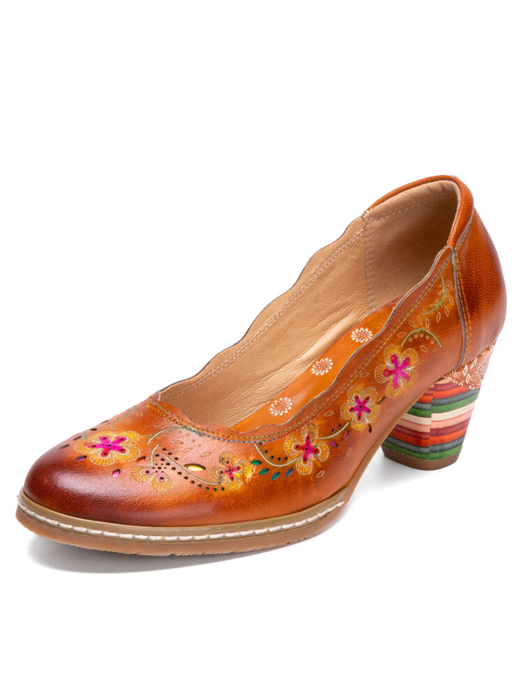 SOCOFY Vintage Leather Hand-painting Mary Jane Heels