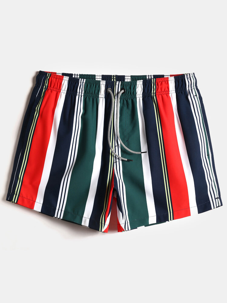 Mens Colorful Stripe Drawstring Pocket Quick Dry Holiday Board Shorts