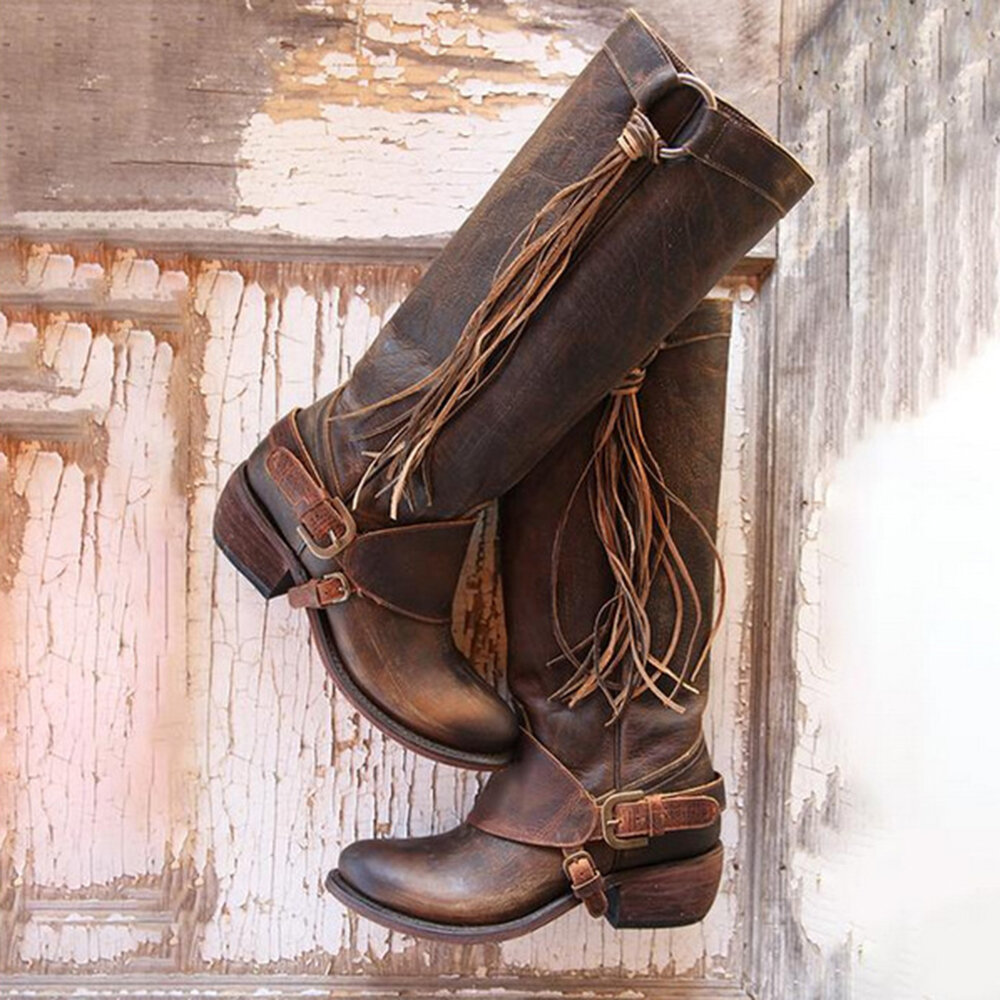 Vintage Ring Belt Tassel Long Boots