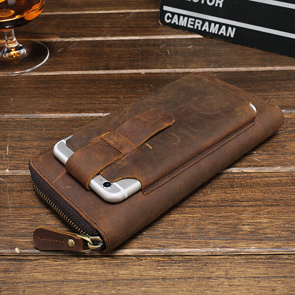 

Genuine Leather Vintage Coin Bag Business Zipper Long 5.5 Inche Phone Wallet For Men, Coffee