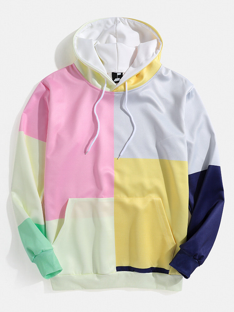 Mens Colorblock Patchwork Pullover Hoodie With Kangaroo Pocket