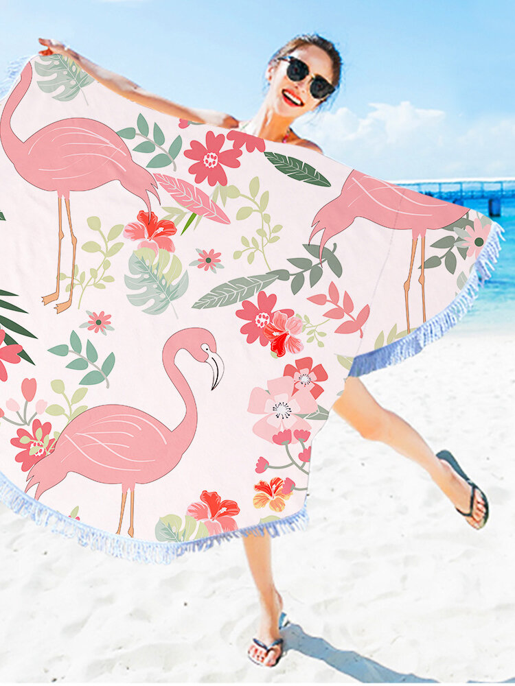 

Flamingo Round Beach Towel With Tassels Microfiber 150cm Picnic Blanket Mat Tapestry