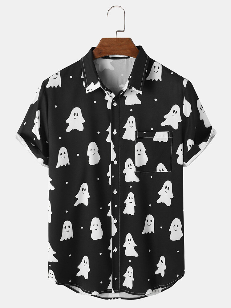 Mens All Over Cute Ghost Print Halloween Short Sleeve Shirts