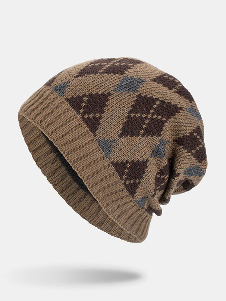 Men Wool Three Color Diamond Pattern Oytdoor Keep Warm Brimless Beanie Knitted Woolen Hat