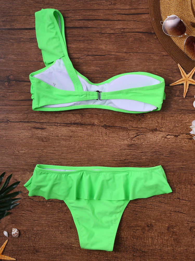 Single Shoulder Flounces Pure Color Bikini Swimwear For Women online ...