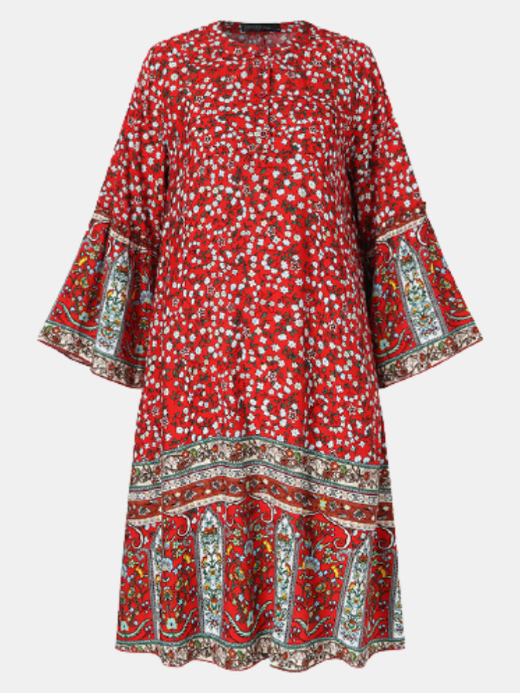 Floral Print O-neck Bell Sleeve Plus Size Bohemia Dress for Women