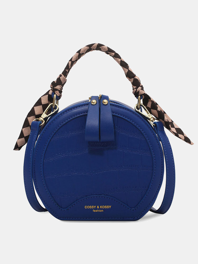 Trendy Klein Blue Stone Pattern Handbag Faux Leather Rivet Round Silk Scarves Decoration Crossbody bag