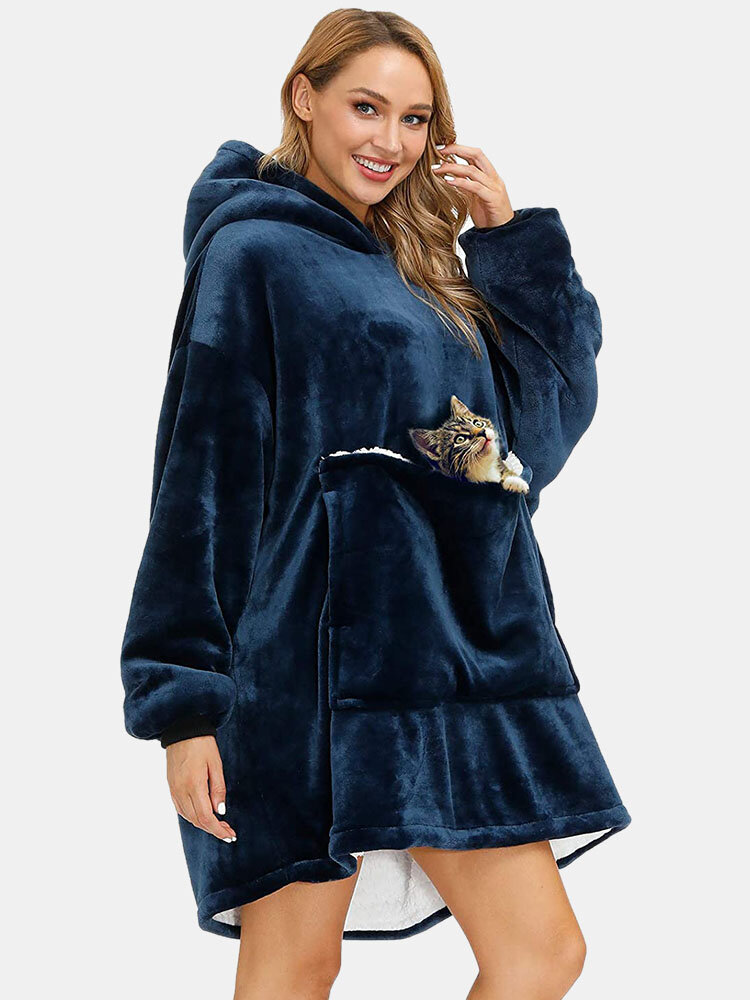 

Women Solid Color Flannel Thick Fleece Lined Warm Oversized Blanket Hoodie, Black;brown;navy;blue