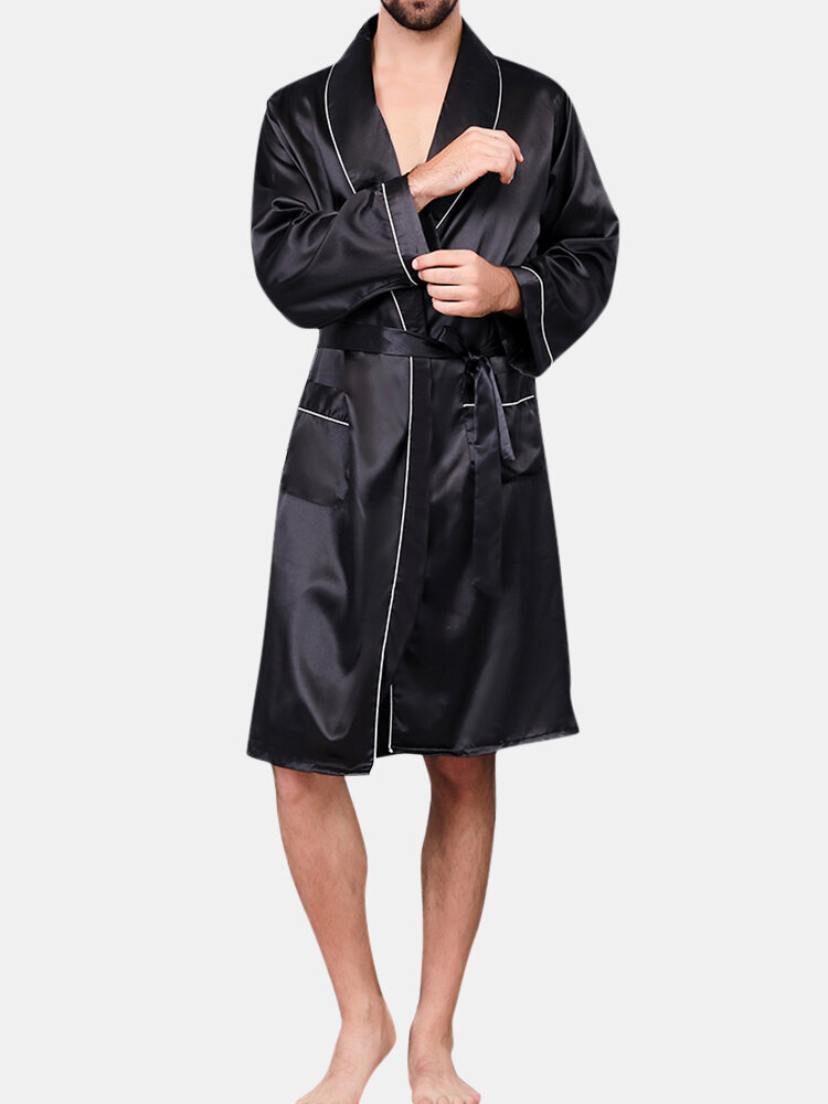 Men Faux Silk Black Pajamas Robe Smooth Breathable Drawstring Lounge Sleepwear With Waist Pockets