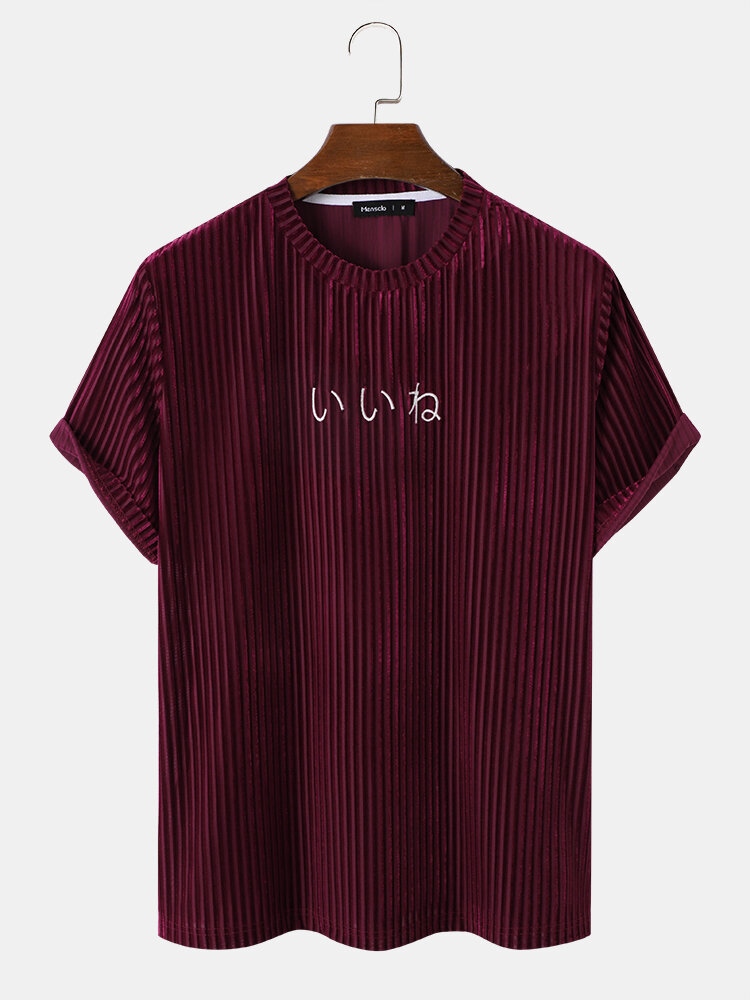 Mens Japanese Embroidery Striped Velvet Crew Neck Short Sleeve T-Shirts